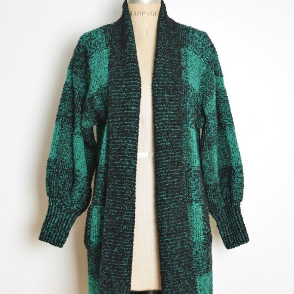 vintage 80s cardigan sweater coat green black buffalo plaid chunky oversized - Picture 4 of 9